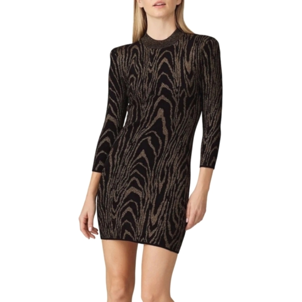 A.L.C. Ziggy Black Jacquard Black Gold Metallic Jacquard Print Dress Size L